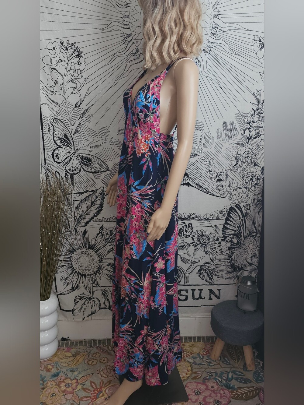 Tropic of the Day Navy Blue Floral Print Maxi Dress Small - Picture 8 of 9